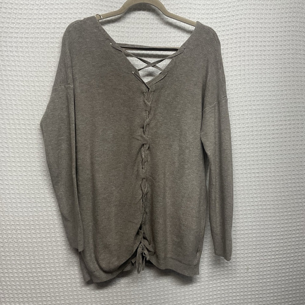 Debut Women's‎ Lace Up Back Soft Cozy Sweater Long Sleeve Light Gray Size Large